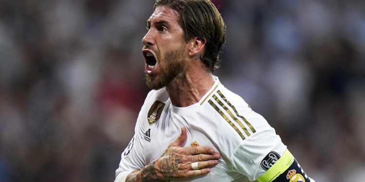 MADRID, SPAIN - OCTOBER 01: Sergio Ramos of Real Madrid celebrates a goal during the UEFA Champions League group A match between Real Madrid and Club Brugge KV at Bernabeu on October 01, 2019 in Madrid, Spain. (Photo by Quality Sport Images/Getty Images)