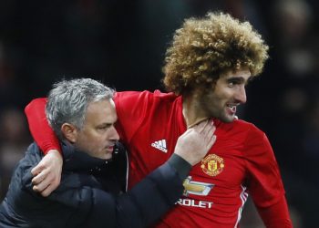 Britain Football Soccer - Manchester United v Hull City - EFL Cup Semi Final First Leg - Old Trafford - 10/1/17 Manchester United's Marouane Fellaini celebrates scoring their second goal with manager Jose Mourinho   Action Images via Reuters / Jason Cairnduff Livepic EDITORIAL USE ONLY. No use with unauthorized audio, video, data, fixture lists, club/league logos or "live" services. Online in-match use limited to 45 images, no video emulation. No use in betting, games or single club/league/player publications.  Please contact your account representative for further details.