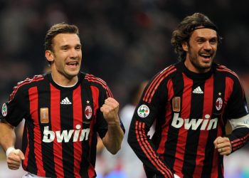 AC Milan's Ukrainian forward Andriy Shevchenko (L) and AC Milan's defender and captain Paolo Maldini celebrate after A.C. Milan's Brazilian midfielder Kaka scored a goal during their Serie A  football match against Catania at the San Siro Stadium in Milan on December 7, 2008. AFP PHOTO / GIUSEPPE CACACE (Photo credit should read GIUSEPPE CACACE/AFP/Getty Images)