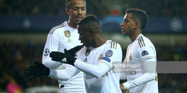 BRUGGE, BELGIUM - DECEMBER 11: Vinicius Junior of Real Madrid celebrates after scoring his team's second goal with Rodrygo of Real Madrid during the UEFA Champions League group A match between Club Brugge KV and Real Madrid at Jan Breydel Stadium on December 11, 2019 in Brugge, Belgium. (Photo by Dean Mouhtaropoulos/Getty Images)