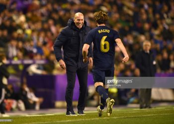 VALLADOLID, SPAIN - JANUARY 26:  Nacho Fernandez of Real Madrid (6) celebrates with Zinedine Zidane, Manager of Real Madrid as scores his team's first goal during the Liga match between Real Valladolid CF and Real Madrid CF at Jose Zorrilla on January 26, 2020 in Valladolid, Spain. (Photo by Denis Doyle/Getty Images)
