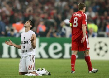 AC Milan's Kaka, left, celebrates as Liverpool's Steven Gerrard walks away at the end of the Champions League Final soccer match between AC Milan and Liverpool at the Olympic Stadium in Athens Wednesday May 23, 2007. Milan won the match 2-1. (AP Photo/Jon Super)