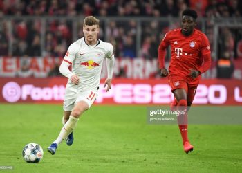 09 February 2020, Bavaria, Munich: Football: Bundesliga, Bayern Munich - RB Leipzig, 21st matchday in the Allianz Arena. Alphonso Davies (r) of Munich in action against Timo Werner of Leipzig. IMPORTANT NOTE: In accordance with the regulations of the DFL Deutsche Fußball Liga and the DFB Deutscher Fußball-Bund, it is prohibited to exploit or have exploited in the stadium and/or from the game taken photographs in the form of sequence images and/or video-like photo series. Photo: Matthias Balk/dpa (Photo by Matthias Balk/picture alliance via Getty Images)