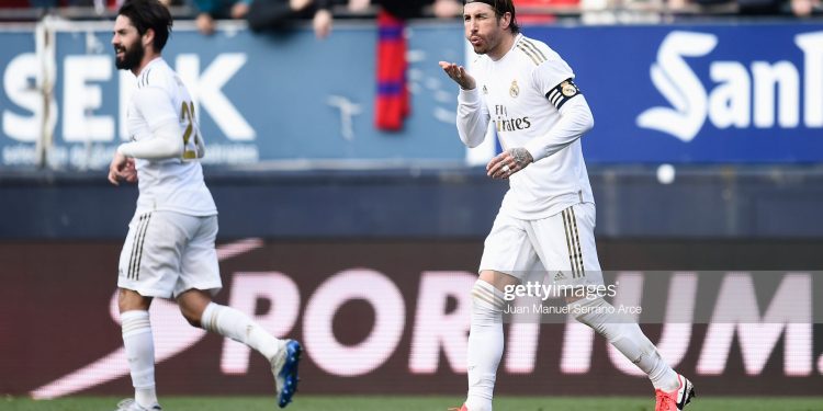PAMPLONA, SPAIN - FEBRUARY 09: Sergio Ramos of Real Madrid celebrates after scoring his team's second goal during the La Liga match between CA Osasuna and Real Madrid CF at El Sadar Stadium on February 09, 2020 in Pamplona, Spain. (Photo by Juan Manuel Serrano Arce/Getty Images)