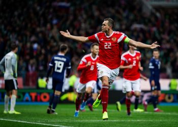 MOSCOW, RUSSIA - OCTOBER 10: Artem Dzyuba of Russia celebrates his 2nd goal during the UEFA Euro 2020 qualifier group I match between Russia and Scotland at Luzhniki Stadium on October 10, 2019 in Moscow, Russia. (Photo by Joosep Martinson - UEFA/UEFA via Getty Images)