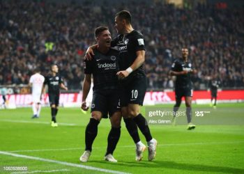 FRANKFURT AM MAIN, GERMANY - OCTOBER 19:  Luka Jovic of Eintracht Frankfurt celebrates after scoring his team's second goal with Filip Kostic of Eintracht Frankfurt (10) during the Bundesliga match between Eintracht Frankfurt and Fortuna Duesseldorf at Commerzbank-Arena on October 19, 2018 in Frankfurt am Main, Germany.  (Photo by Alex Grimm/Bongarts/Getty Images)