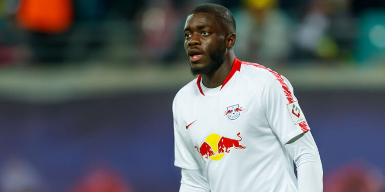 LEIPZIG, GERMANY - JANUARY 19: Dayot Upamecano of RB Leipzig looks on during the Bundesliga match between RB Leipzig and Borussia Dortmund at Red Bull Arena on January 19, 2019 in Leipzig, Germany. (Photo by TF-Images/TF-Images via Getty Images)