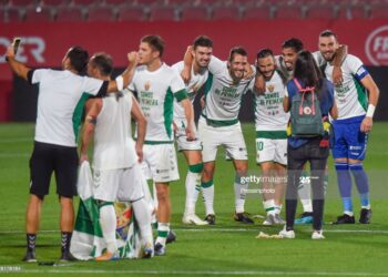 Elche CF players celebration during the La Liga Smartbank, play off LaLiga Santander match between Girona FC and Elche CF at Montivili Stadium on August 23, 2020 in Girona, Spain. (Photo by Bagu Blanco/Pressinphoto/Icon Sport via Getty Images)
