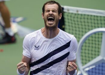Andy Murray, of Great Britain, reacts after defeating Yoshihito Nishioka, of Japan, during the first round of the US Open tennis championships, Tuesday, Sept. 1, 2020, in New York. (AP Photo/Seth Wenig)/USO175/20245759498088//2009012310