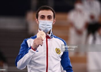 Bronze medallist Armenia's Artur Davtyan poses during the podium ceremony of the artistic gymnastics men's vault of the Tokyo 2020 Olympic Games at the Ariake Gymnastics Centre in Tokyo on ugust 2, 2021. (Photo by Jeff PACHOUD / AFP) (Photo by JEFF PACHOUD/AFP via Getty Images)