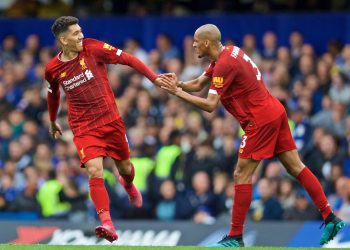 LONDON, ENGLAND - Sunday, September 22, 2019: Liverpool's Roberto Firmino (L) celebrates scoring the second goal with team-mate Fabio Henrique Tavares 'Fabinho' during the FA Premier League match between Chelsea's  FC and Liverpool FC at Stamford Bridge. (Pic by David Rawcliffe/Propaganda)