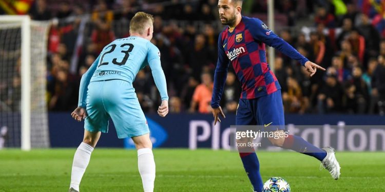 Jordi Alba of FC Barcelona and Peter Sevcik of Slavia Prague during the Champions League match between Barcelona and Slavia Prague at Camp Nou on November 5, 2019 in Barcelona, Spain. (Photo by Pressinphoto/Icon Sport via Getty Images)