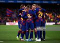 BARCELONA, SPAIN - NOVEMBER 09: FC Barcelona players celebrate after their teammate Lionel Messi scored their team's third goal during the La Liga match between FC Barcelona and RC Celta de Vigo at Camp Nou stadium on November 09, 2019 in Barcelona, Spain. (Photo by Alex Caparros/Getty Images)