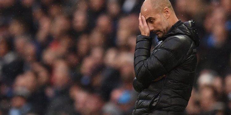 Manchester City's Spanish manager Pep Guardiola reacts on the touchline during the English Premier League football match between Manchester City and Southampton at the Etihad Stadium in Manchester, north west England, on November 2, 2019. (Photo by Oli SCARFF / AFP) / RESTRICTED TO EDITORIAL USE. No use with unauthorized audio, video, data, fixture lists, club/league logos or 'live' services. Online in-match use limited to 120 images. An additional 40 images may be used in extra time. No video emulation. Social media in-match use limited to 120 images. An additional 40 images may be used in extra time. No use in betting publications, games or single club/league/player publications. /