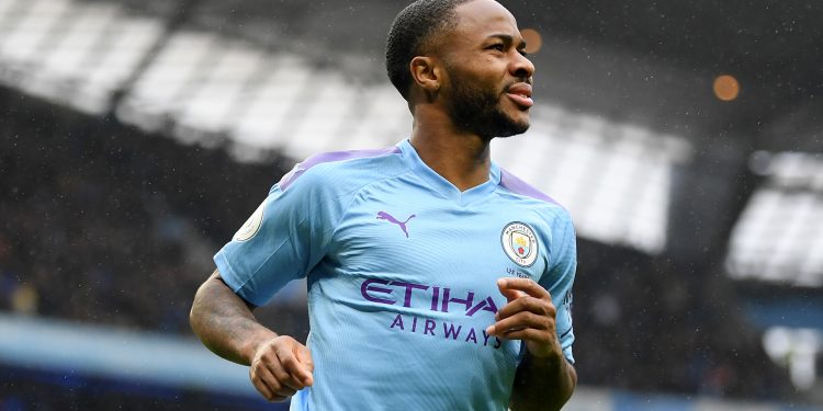 MANCHESTER, ENGLAND - OCTOBER 26: Raheem Sterling of Manchester City celebrates after scoring his team's first goal during the Premier League match between Manchester City and Aston Villa at Etihad Stadium on October 26, 2019 in Manchester, United Kingdom. (Photo by Michael Regan/Getty Images)