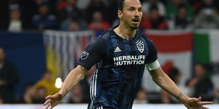 Apr 5, 2019; Vancouver, British Columbia, CAN; forward Zlatan Ibrahimovic (9) celebrates his goal against the Vancouver Whitecaps during the second half at BC Place. Mandatory Credit: Anne-Marie Sorvin-USA TODAY Sports