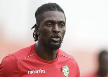 Togo's Emmanuel Adebayor attends a training session in Stade de Bitam, Gabon, Tuesday, Jan. 17, 2017, ahead of their African Cup of Nations Group C soccer match against Morocco. (AP Photo/Sunday Alamba)