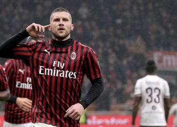 Ante Rebic of AC Milan celebrates after scoring the his goal during the Serie A match between AC Milan and Torino FC at Stadio Giuseppe Meazza on February 17, 2020 in Milan, Italy. (Photo by Giuseppe Cottini/NurPhoto via Getty Images)