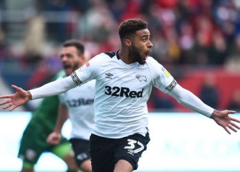 BRISTOL, ENGLAND - APRIL 27: Jayden Bogle of Derby County celebrates with his team-mates after he scores during the Sky Bet Championship match between Bristol City and Derby County at Ashton Gate on April 27, 2019 in Bristol, England. (Photo by Nathan Stirk/Getty Images)