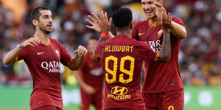Edin Dzeko, Henrikh Mkhitaryan, Justin Kluivert during the Italian Serie A football match between AS Roma and US Sassuolo at the Olympic Stadium in Rome, on september 15, 2019. (Photo by Silvia Lore/NurPhoto via Getty Images)
