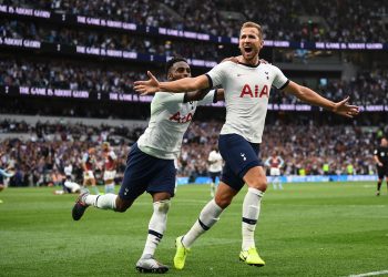 Tottenham Hotspur's English striker Harry Kane celebrates  scoring the team's second goal during the English Premier League football match between Tottenham Hotspur and Aston Villa at Tottenham Hotspur Stadium in London, on August 10, 2019. (Photo by Daniel LEAL-OLIVAS / AFP) / RESTRICTED TO EDITORIAL USE. No use with unauthorized audio, video, data, fixture lists, club/league logos or 'live' services. Online in-match use limited to 120 images. An additional 40 images may be used in extra time. No video emulation. Social media in-match use limited to 120 images. An additional 40 images may be used in extra time. No use in betting publications, games or single club/league/player publications. /         (Photo credit should read DANIEL LEAL-OLIVAS/AFP/Getty Images)