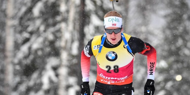 Johannes Thingnes Boe of Norway competes during the men's 10 km sprint event at the IBU World Biathlon Championships in Ostersund, Sweden, Saturday March 9, 2019. (Anders Wiklund/TT via AP)