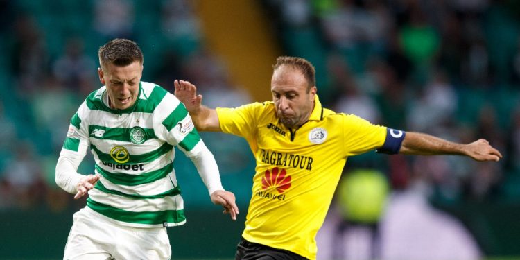 Celtic's Callum McGregor (left) and Alashkert's Artur Yedigaryan (right) during the UEFA Champions League match at Celtic Park, Glasgow. (Photo by Robert Parry/PA Images via Getty Images)