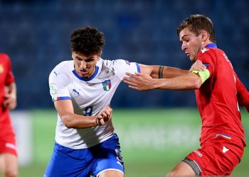 YEREVAN , ARMENIA - 17 July 2019; Elia Petrelli of Italy in action against Arsen Yeghiazaryan of Armenia during the 2019 UEFA European U19 Championships group A match between Armenia and Italy at Vazgen Sargsyan Republican Stadium in Yerevan, Armenia. (Photo By Stephen McCarthy/Sportsfile via Getty Images)