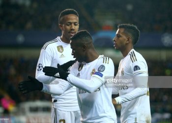 BRUGGE, BELGIUM - DECEMBER 11: Vinicius Junior of Real Madrid celebrates after scoring his team's second goal with Rodrygo of Real Madrid during the UEFA Champions League group A match between Club Brugge KV and Real Madrid at Jan Breydel Stadium on December 11, 2019 in Brugge, Belgium. (Photo by Dean Mouhtaropoulos/Getty Images)