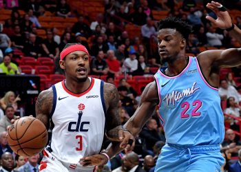 Dec 6, 2019; Miami, FL, USA; Washington Wizards guard Bradley Beal (3) dribbles the ball as Miami Heat forward Jimmy Butler (22) defends the play during the first half at American Airlines Arena. Mandatory Credit: Steve Mitchell-USA TODAY Sports