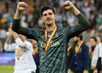 JEDDAH, SAUDI ARABIA - JANUARY 12: Thibaut Courtois of Real Madrid shows his appreciation to the fans after his teams victory in the Supercopa de Espana Final match between Real Madrid and Club Atletico de Madrid at King Abdullah Sports City on January 12, 2020 in Jeddah, Saudi Arabia. (Photo by Francois Nel/Getty Images)