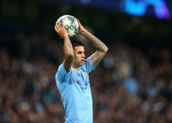 MANCHESTER, ENGLAND - OCTOBER 01:  Joao Cancelo of Manchester City takes a throw in during the UEFA Champions League group C match between Manchester City and Dinamo Zagreb at Etihad Stadium on October 01, 2019 in Manchester, United Kingdom. (Photo by Alex Livesey - Danehouse/Getty Images)