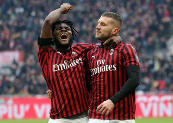 AC MilanÕs Ante Rebic (R) jubilates with his teammate  Franck Kessie after scoring goal of 1 to 1 during the Italian serie A soccer match  Ac Milan vs and Udinese Calcio  at Giuseppe Meazza stadium in Milan 19 January  2020.
ANSA / MATTEO BAZZI