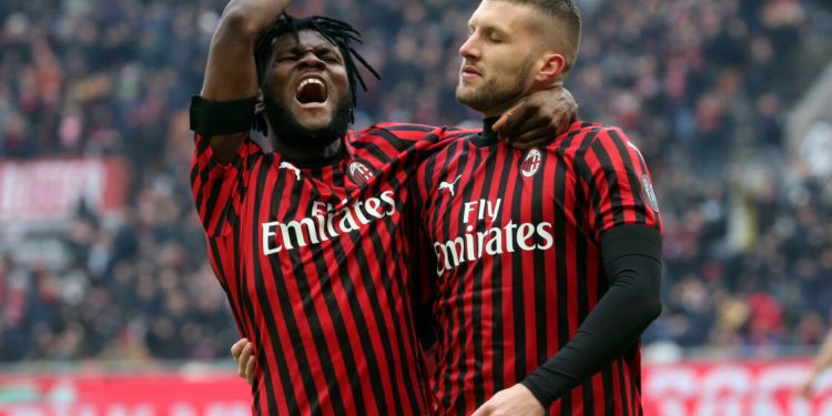 AC MilanÕs Ante Rebic (R) jubilates with his teammate  Franck Kessie after scoring goal of 1 to 1 during the Italian serie A soccer match  Ac Milan vs and Udinese Calcio  at Giuseppe Meazza stadium in Milan 19 January  2020.
ANSA / MATTEO BAZZI