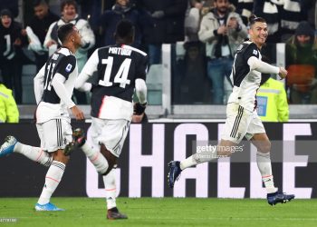 TURIN, ITALY - JANUARY 19:  Cristiano Ronaldo (R) of Juventus celebrates after scoring the opening goal during the Serie A match between Juventus and Parma Calcio at Allianz Stadium on January 19, 2020 in Turin, Italy.  (Photo by Marco Luzzani/Getty Images)