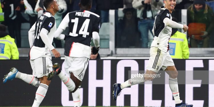 TURIN, ITALY - JANUARY 19:  Cristiano Ronaldo (R) of Juventus celebrates after scoring the opening goal during the Serie A match between Juventus and Parma Calcio at Allianz Stadium on January 19, 2020 in Turin, Italy.  (Photo by Marco Luzzani/Getty Images)