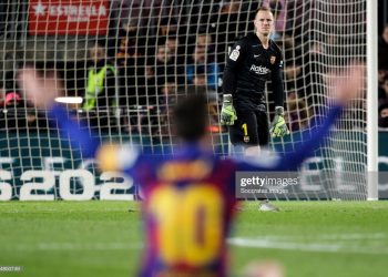 BARCELONA, SPAIN - JANUARY 19: (L-R) Lionel Messi of FC Barcelona, Marc Andre ter Stegen of FC Barcelona during the La Liga Santander  match between FC Barcelona v Granada at the Camp Nou on January 19, 2020 in Barcelona Spain (Photo by David S. Bustamante/Soccrates/Getty Images)