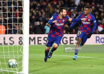 BARCELONA, SPAIN - JANUARY 19: Lionel Messi of FC Barcelona celebrates after scoring his team's first goal during the La Liga match between FC Barcelona and Granada CF at Camp Nou on January 19, 2020 in Barcelona, Spain. (Photo by Alex Caparros/Getty Images)