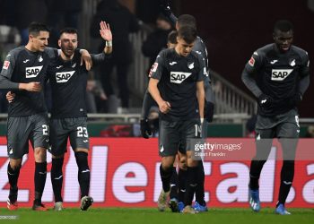 BREMEN, GERMANY - JANUARY 26: Sargis Adamyan (2L) of Hoffenheim celebrates his team's third goal with team mates during the Bundesliga match between SV Werder Bremen and TSG 1899 Hoffenheim at Wohninvest Weserstadion on January 26, 2020 in Bremen, Germany. (Photo by Stuart Franklin/Bongarts/Getty Images)
