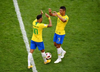 SAMARA, RUSSIA - JULY 02:  Neymar Jr Casemiro of Brazil celebrate victory following the 2018 FIFA World Cup Russia Round of 16 match between Brazil and Mexico at Samara Arena on July 2, 2018 in Samara, Russia.  (Photo by Hector Vivas/Getty Images)