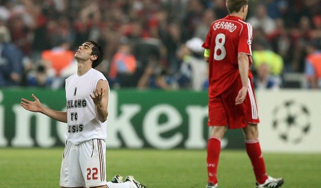 AC Milan's Kaka, left, celebrates as Liverpool's Steven Gerrard walks away at the end of the Champions League Final soccer match between AC Milan and Liverpool at the Olympic Stadium in Athens Wednesday May 23, 2007. Milan won the match 2-1. (AP Photo/Jon Super)