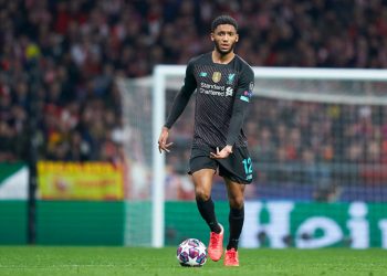 MADRID, SPAIN - FEBRUARY 18: Joe Gomez of Liverpool FC controls the ball during the UEFA Champions League round of 16 first leg match between Atletico Madrid and Liverpool FC at Wanda Metropolitano on February 18, 2020 in Madrid, Spain. (Photo by Mateo Villalba/Quality Sport Images/Getty Images)