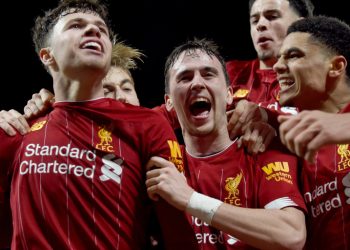 LIVERPOOL, ENGLAND - FEBRUARY 04: (THE SUN OUT, THE SUN ON SUNDAY OUT) Liam Millar of Liverpool and Neco Williams of Liverpool with Ki-Jana Hoever of Liverpool celebrates after the opening goal  during the FA Cup Fourth Round Replay match between Liverpool FC and Shrewsbury Town at Anfield on February 04, 2020 in Liverpool, England. (Photo by John Powell/Liverpool FC via Getty Images)