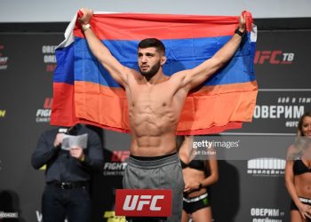 SAINT PETERSBURG, RUSSIA - APRIL 19:  Arman Tsarukyan of Russia poses on the scale during the UFC Fight Night weigh-in at Yubileyny Sports Palace on April 19, 2019 in Saint Petersburg, Russia. (Photo by Jeff Bottari/Zuffa LLC/Zuffa LLC via Getty Images)