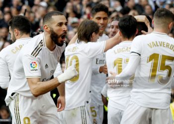 MADRID, SPAIN - FEBRUARY 1: Karim Benzema of Real Madrid celebrates 1-0  during the La Liga Santander  match between Real Madrid v Atletico Madrid at the Santiago Bernabeu on February 1, 2020 in Madrid Spain (Photo by David S. Bustamante/Soccrates/Getty Images)