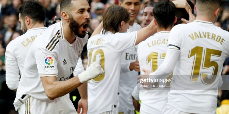 MADRID, SPAIN - FEBRUARY 1: Karim Benzema of Real Madrid celebrates 1-0  during the La Liga Santander  match between Real Madrid v Atletico Madrid at the Santiago Bernabeu on February 1, 2020 in Madrid Spain (Photo by David S. Bustamante/Soccrates/Getty Images)
