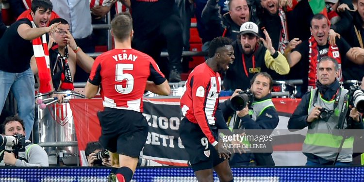 Athletic Bilbao's Spanish forward Inaki Williams celebrates his goal during the Spanish Copa del Rey (King's Cup) quarter-final football match Athletic Club Bilbao against FC Barcelona at the San Mames stadium in Bilbao on February 06, 2020. (Photo by ANDER GILLENEA / AFP) (Photo by ANDER GILLENEA/AFP via Getty Images)