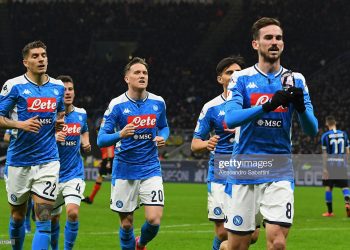 MILAN, ITALY - FEBRUARY 12:  Fabian Ruiz of SSC Napoli celebrates after scoring the opening goalduring the Coppa Italia Semi Final match between FC Internazionale and SSC Napoli at Stadio Giuseppe Meazza on February 12, 2020 in Milan, Italy.  (Photo by Alessandro Sabattini/Getty Images)