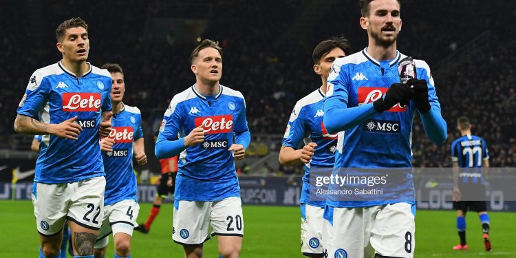 MILAN, ITALY - FEBRUARY 12:  Fabian Ruiz of SSC Napoli celebrates after scoring the opening goalduring the Coppa Italia Semi Final match between FC Internazionale and SSC Napoli at Stadio Giuseppe Meazza on February 12, 2020 in Milan, Italy.  (Photo by Alessandro Sabattini/Getty Images)