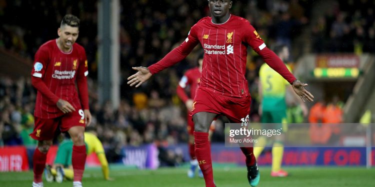 NORWICH, ENGLAND - FEBRUARY 15: Sadio Mane of Liverpool celebrates scoring the opening goal during the Premier League match between Norwich City and Liverpool FC at Carrow Road on February 15, 2020 in Norwich, United Kingdom. (Photo by Marc Atkins/Getty Images)
